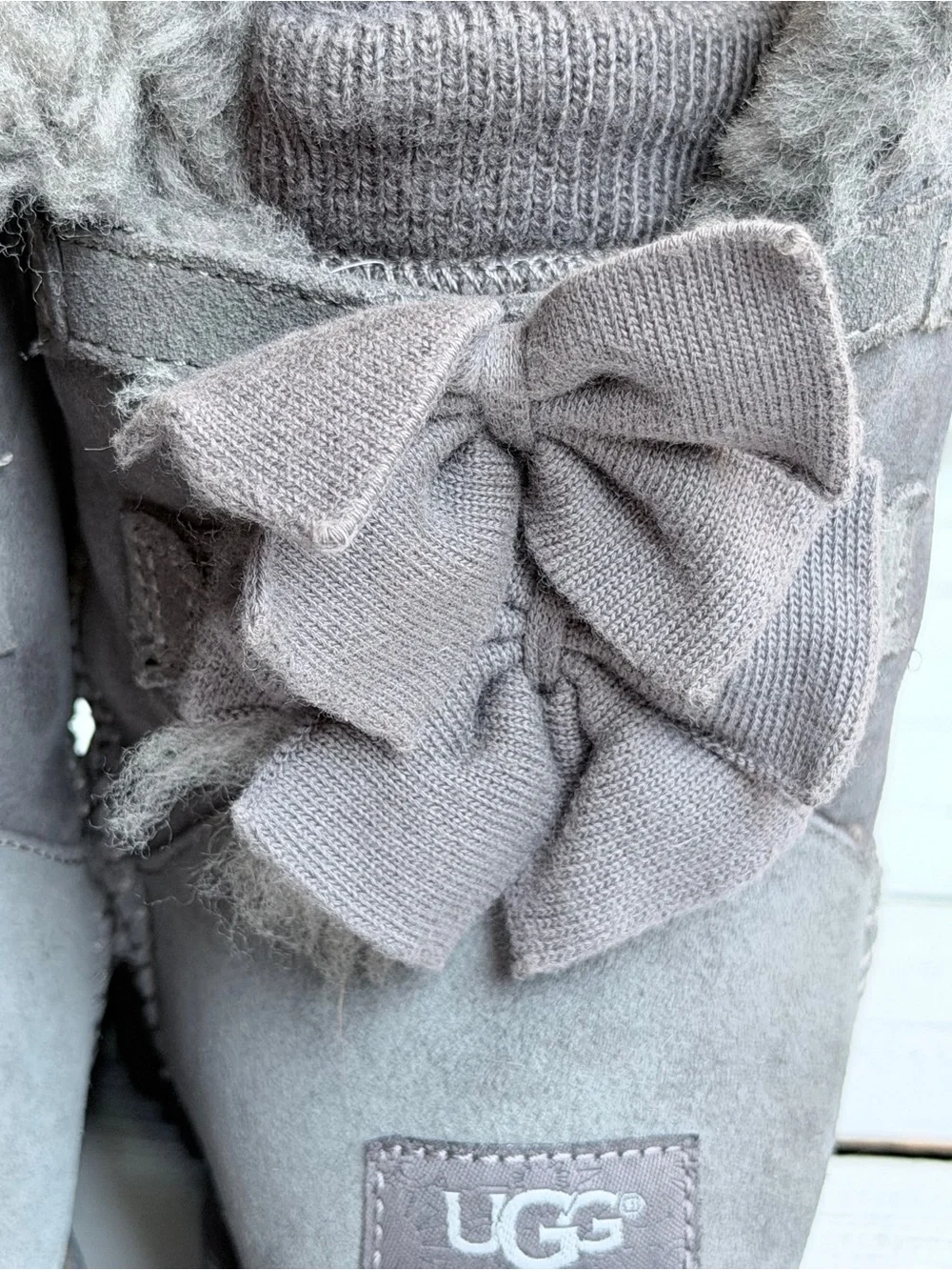 UGG Mini Bailey Bow II Grey Suede Shearling Boots - Women's Size 8